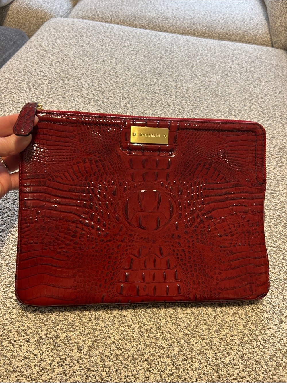 Brahmin Deep Red Embossed Leather Zip Pouch with Gold Plate